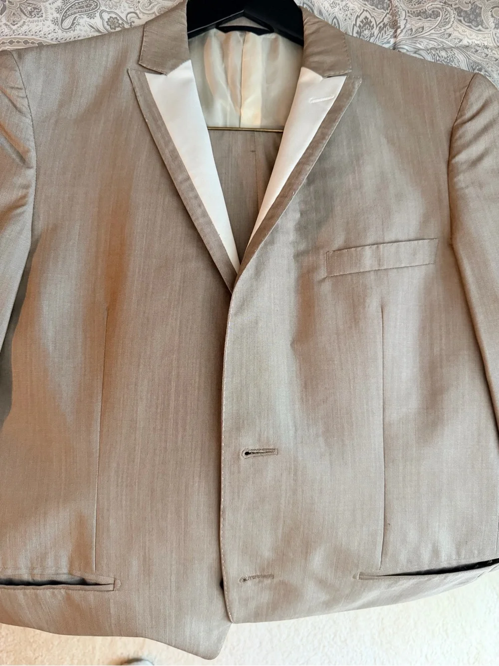 TONELLO Men's Taupe 2 piece suit with White Trim and tuxedo lapel